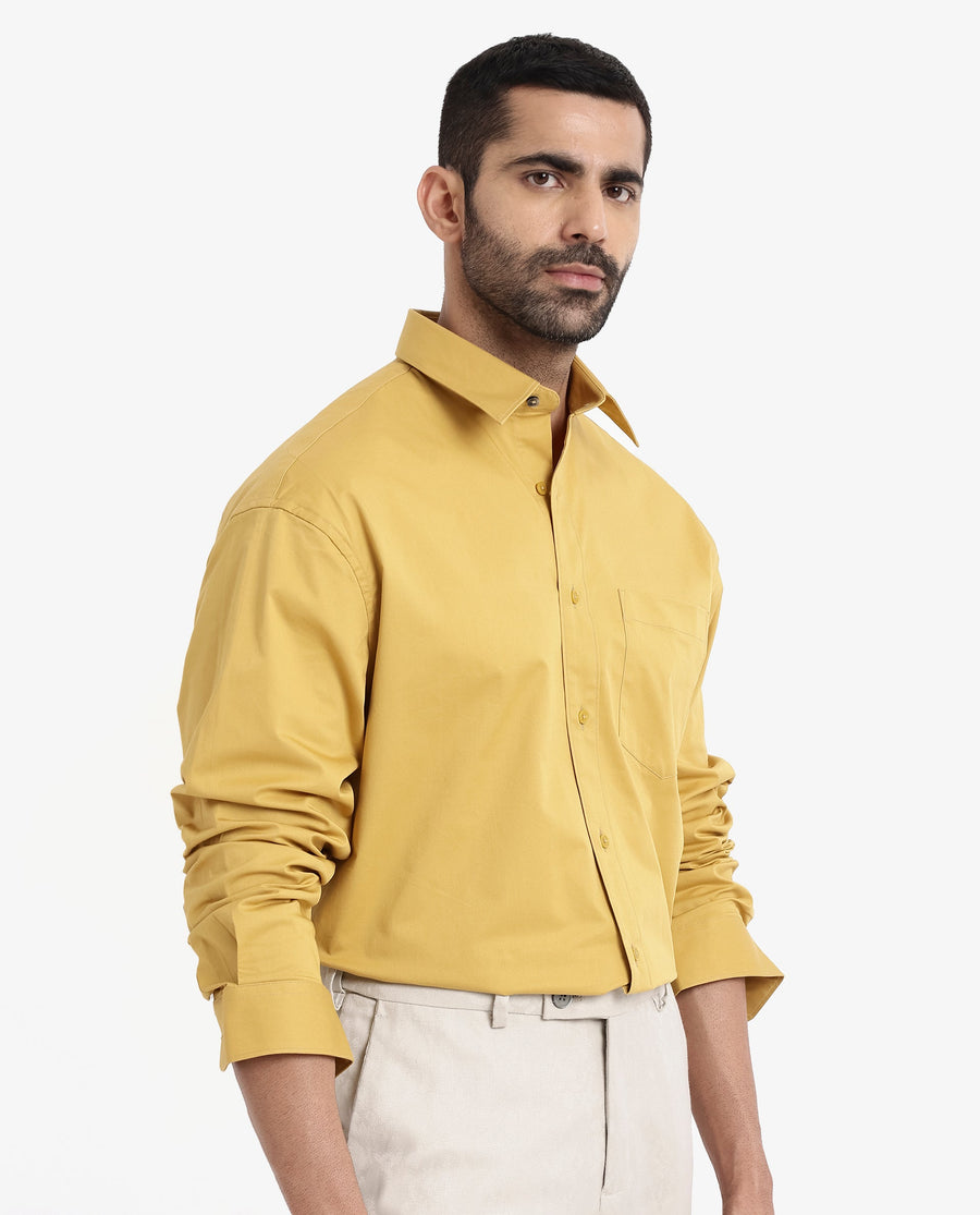 Rare Rabbit Men's Crofty Yellow Cotton Plain Boxy Fit Full Sleeve Collared Shirt