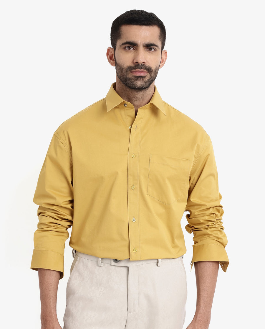 Rare Rabbit Men's Crofty Yellow Cotton Plain Boxy Fit Full Sleeve Collared Shirt