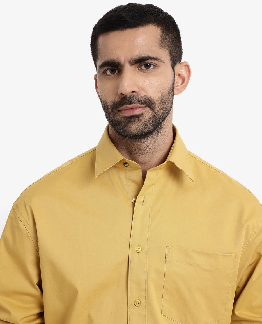 Rare Rabbit Men's Crofty Yellow Cotton Plain Boxy Fit Full Sleeve Collared Shirt