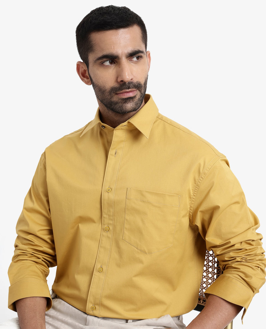 Rare Rabbit Men's Crofty Yellow Cotton Plain Boxy Fit Full Sleeve Collared Shirt
