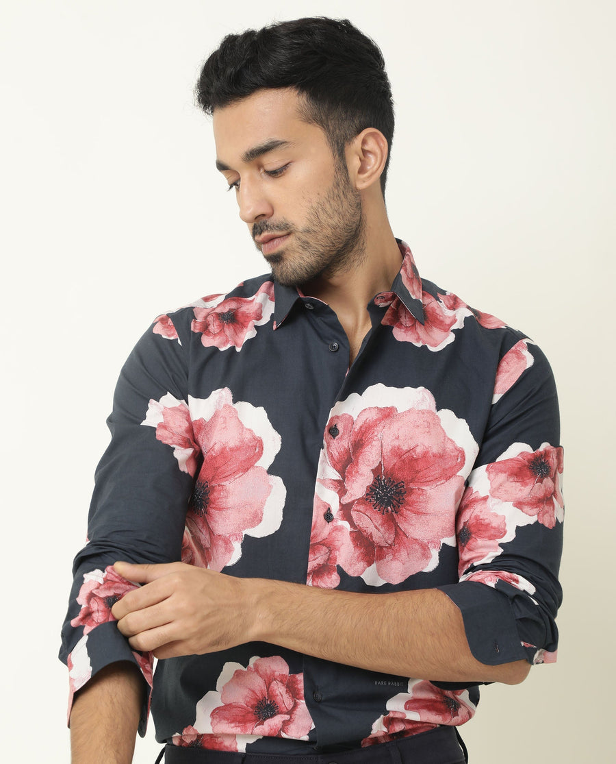 Rare Rabbit Men's Nethers Navy Cotton Floral Print Regular Fit Full Sleeve Collared Shirt