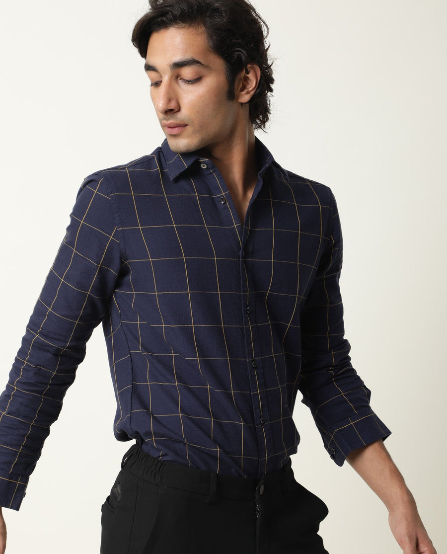 Rare Rabbit Men's Corneto Navy Cotton Checked Print Regular Fit Full Sleeve Collared Shirt