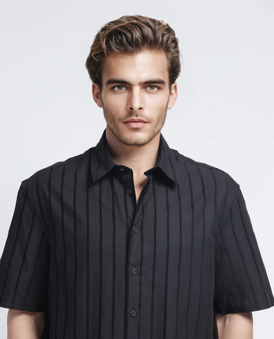 Rare Rabbit Men's Croy Ss Black Cotton Striped Print Regular Fit Half Sleeve Collared Shirt