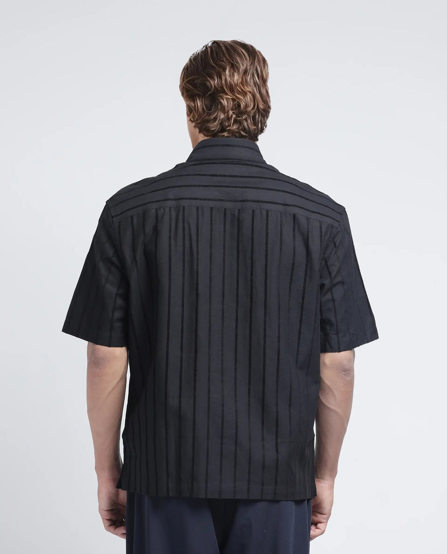 Rare Rabbit Men's Croy Ss Black Cotton Striped Print Regular Fit Half Sleeve Collared Shirt