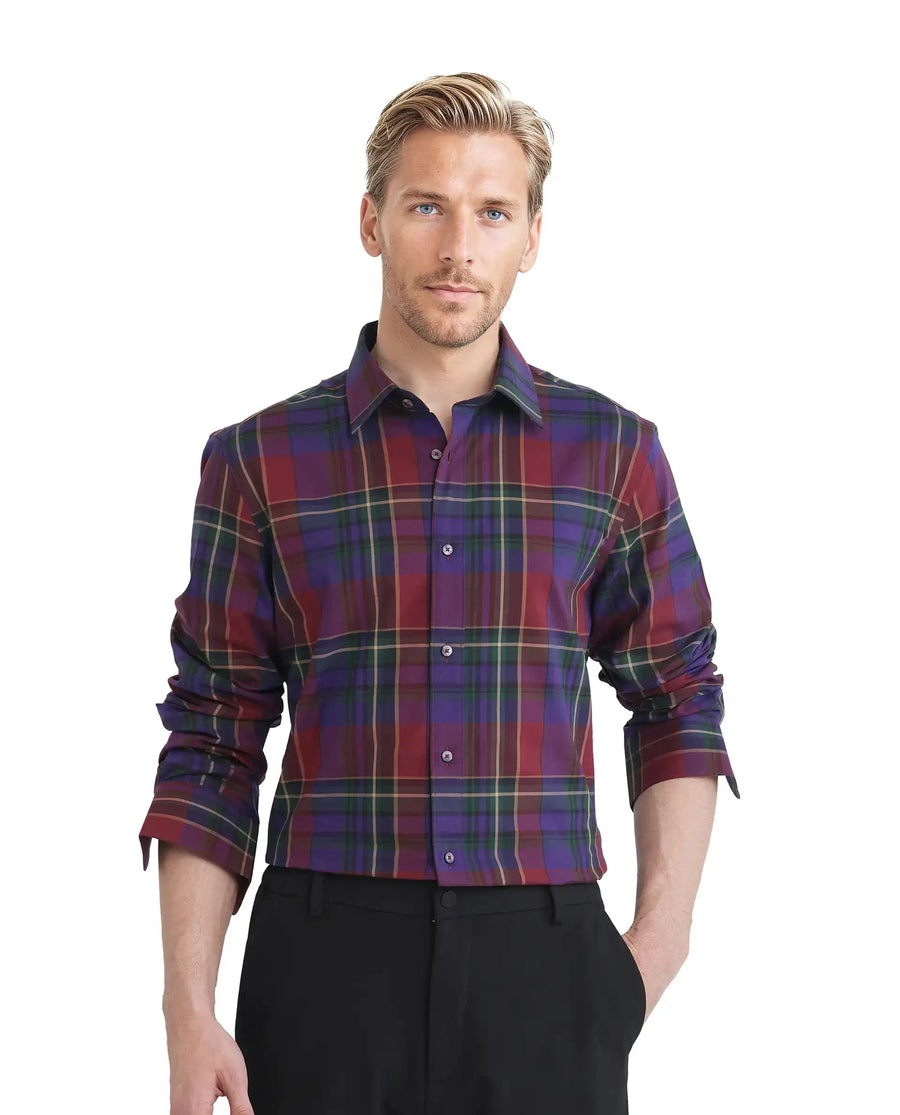 Rare Rabbit Men's Cruner Dark Purple Cotton Blend Checked Print Regular Fit Full Sleeve Collared Shirt