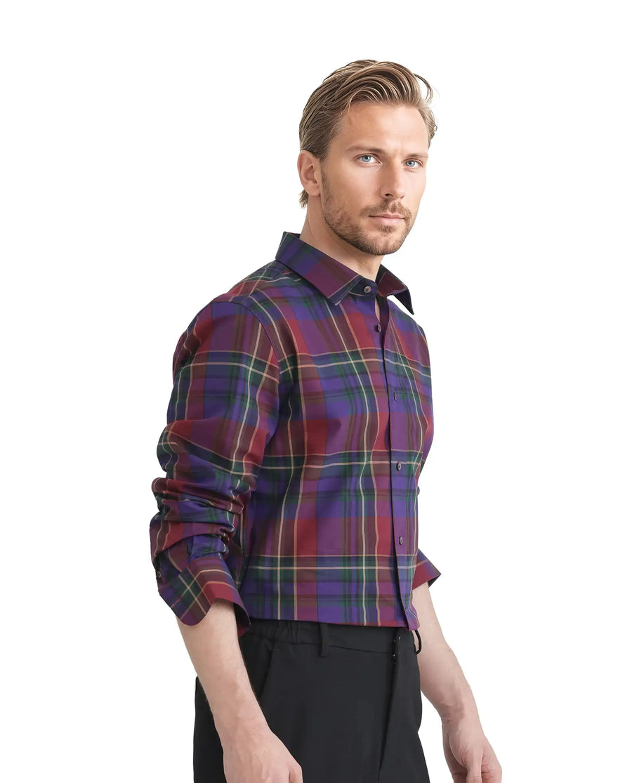 Rare Rabbit Men's Cruner Dark Purple Cotton Blend Checked Print Regular Fit Full Sleeve Collared Shirt
