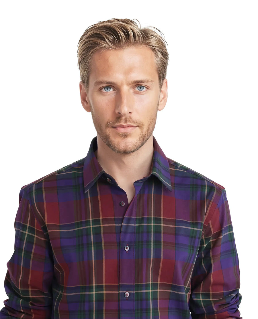 Rare Rabbit Men's Cruner Dark Purple Cotton Blend Checked Print Regular Fit Full Sleeve Collared Shirt