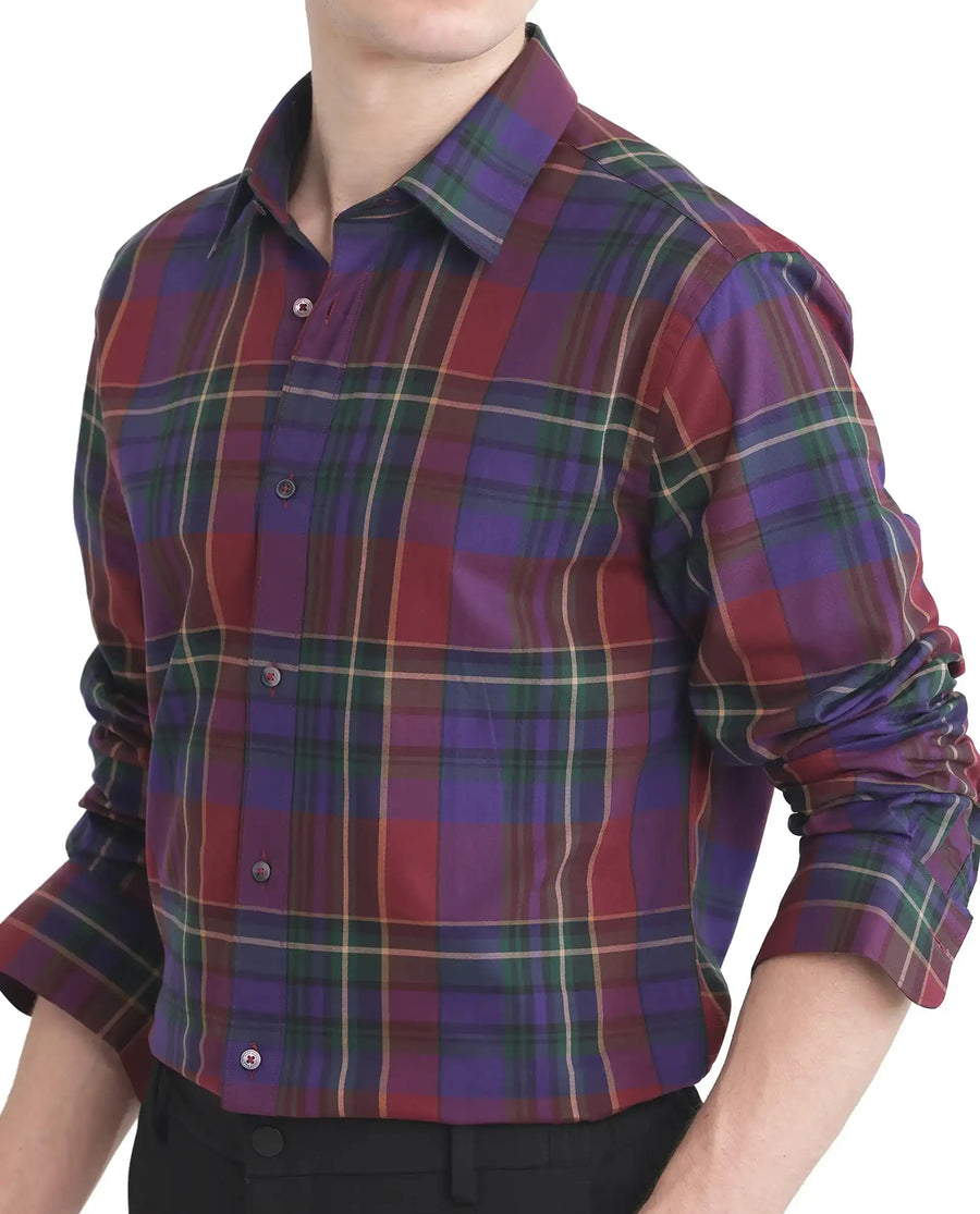 Rare Rabbit Men's Cruner Dark Purple Cotton Blend Checked Print Regular Fit Full Sleeve Collared Shirt