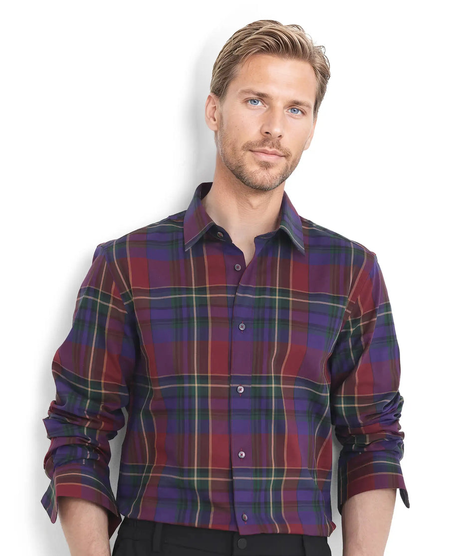 Rare Rabbit Men's Cruner Dark Purple Cotton Blend Checked Print Regular Fit Full Sleeve Collared Shirt