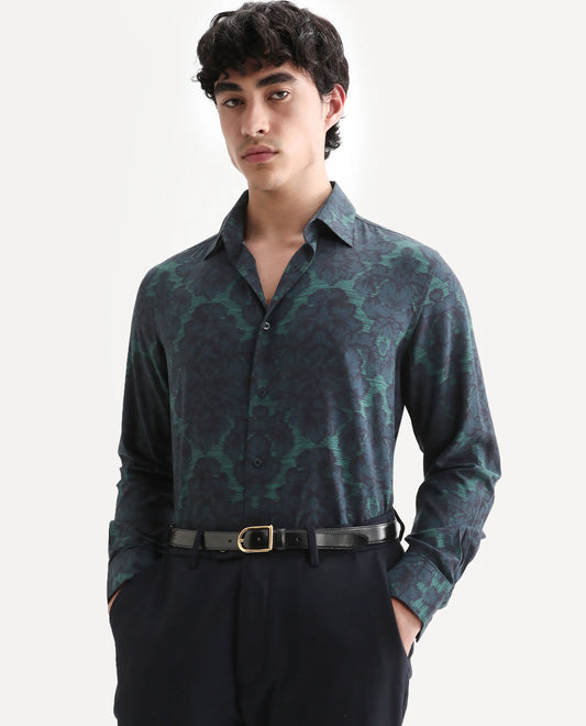 Rare Rabbit Men's Crux-25 Navy Viscose Floral Print Regular Fit Full Sleeve Collared Shirt