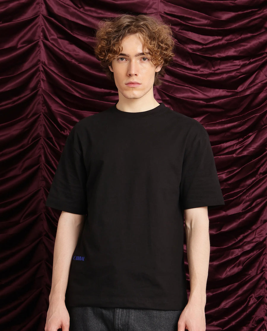 Rare Rabbit Men's Cruzo Black Cotton Graphic Print Oversized Fit Half Sleeve Crew Neck T-Shirt