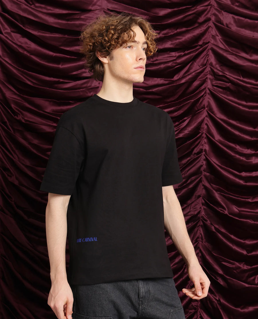 Rare Rabbit Men's Cruzo Black Cotton Graphic Print Oversized Fit Half Sleeve Crew Neck T-Shirt