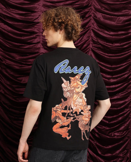 Rare Rabbit Men's Cruzo Black Cotton Graphic Print Oversized Fit Half Sleeve Crew Neck T-Shirt