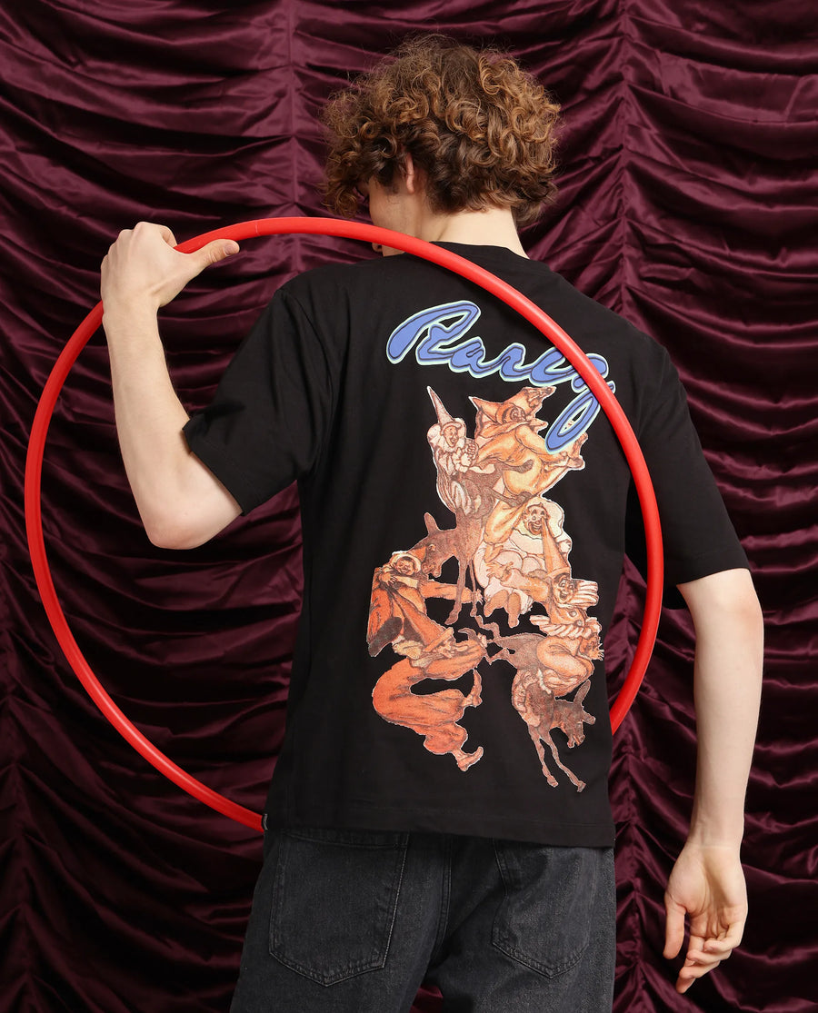 Rare Rabbit Men's Cruzo Black Cotton Graphic Print Oversized Fit Half Sleeve Crew Neck T-Shirt