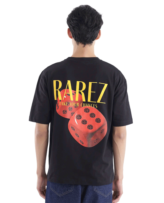 Rare Rabbit Men's Cube Black Cotton Graphic Print Oversized Fit Half Sleeve Crew Neck T-Shirt