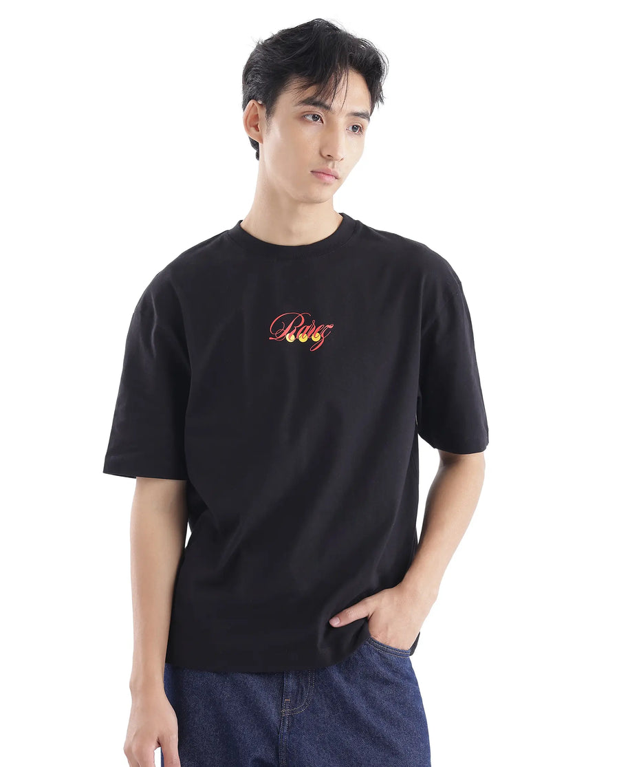 Rare Rabbit Men's Cube Black Cotton Graphic Print Oversized Fit Half Sleeve Crew Neck T-Shirt