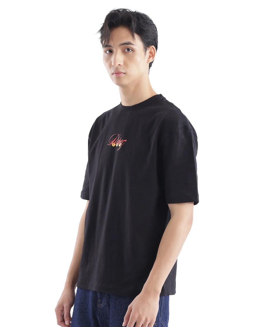 Rare Rabbit Men's Cube Black Cotton Graphic Print Oversized Fit Half Sleeve Crew Neck T-Shirt