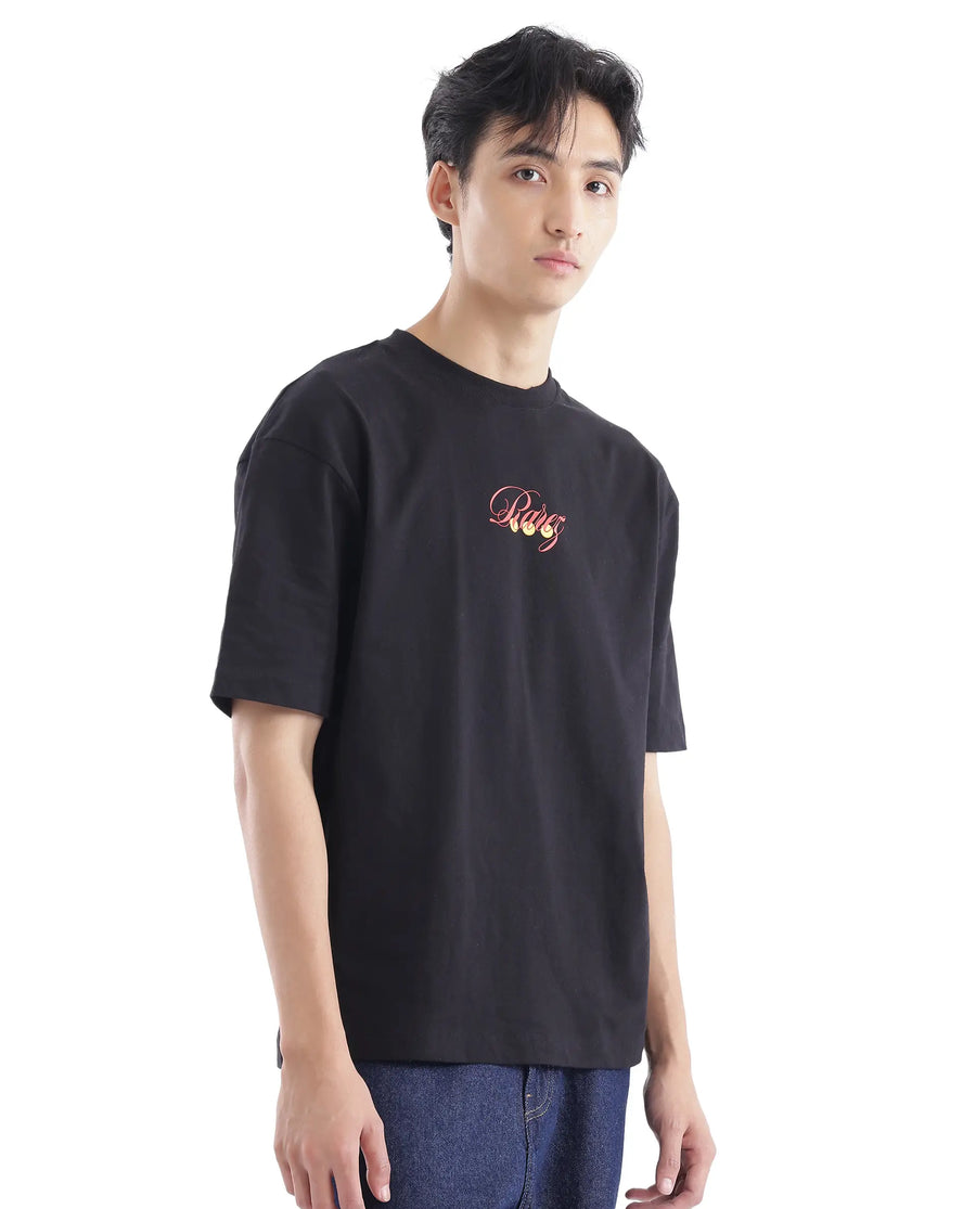 Rare Rabbit Men's Cube Black Cotton Graphic Print Oversized Fit Half Sleeve Crew Neck T-Shirt