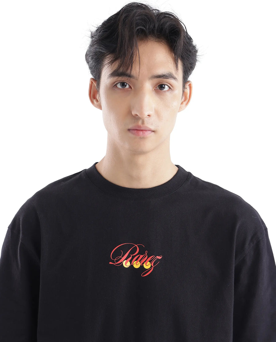 Rare Rabbit Men's Cube Black Cotton Graphic Print Oversized Fit Half Sleeve Crew Neck T-Shirt