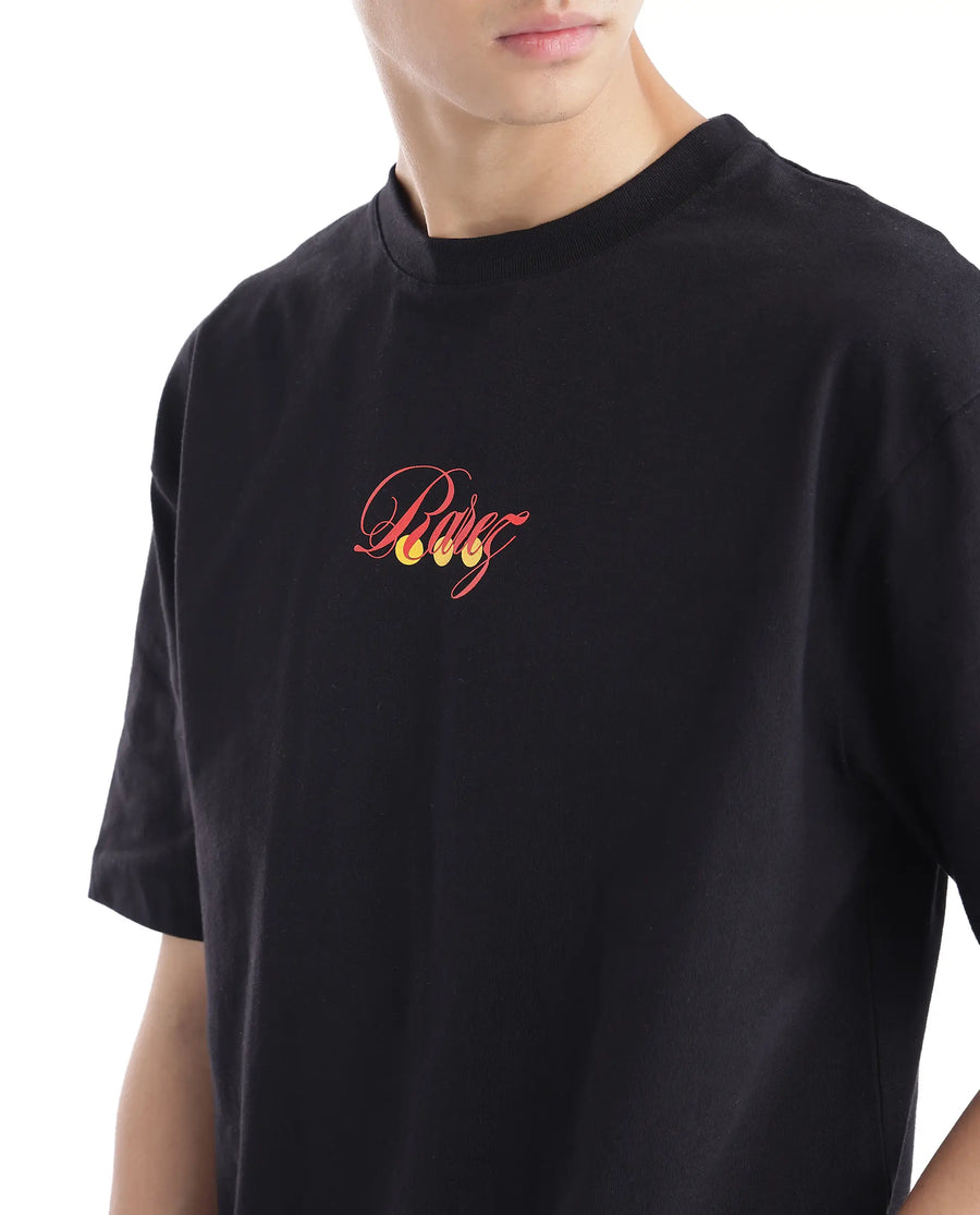 Rare Rabbit Men's Cube Black Cotton Graphic Print Oversized Fit Half Sleeve Crew Neck T-Shirt