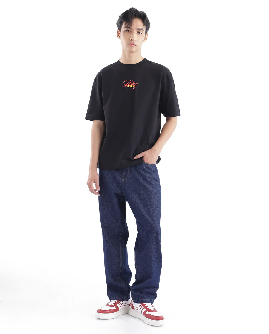 Rare Rabbit Men's Cube Black Cotton Graphic Print Oversized Fit Half Sleeve Crew Neck T-Shirt