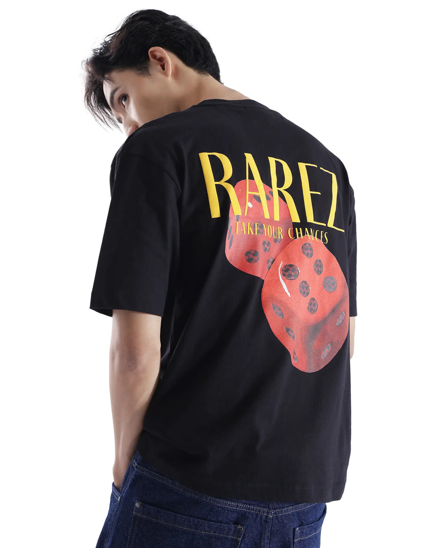 Rare Rabbit Men's Cube Black Cotton Graphic Print Oversized Fit Half Sleeve Crew Neck T-Shirt