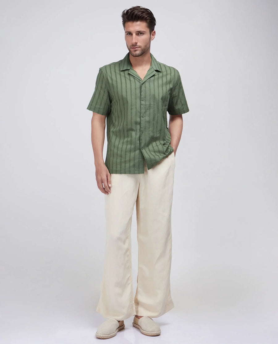 Rare Rabbit Men's Cuen Dark Green Cotton Striped Print Boxy Fit Half Sleeve Cuban Collar Shirt