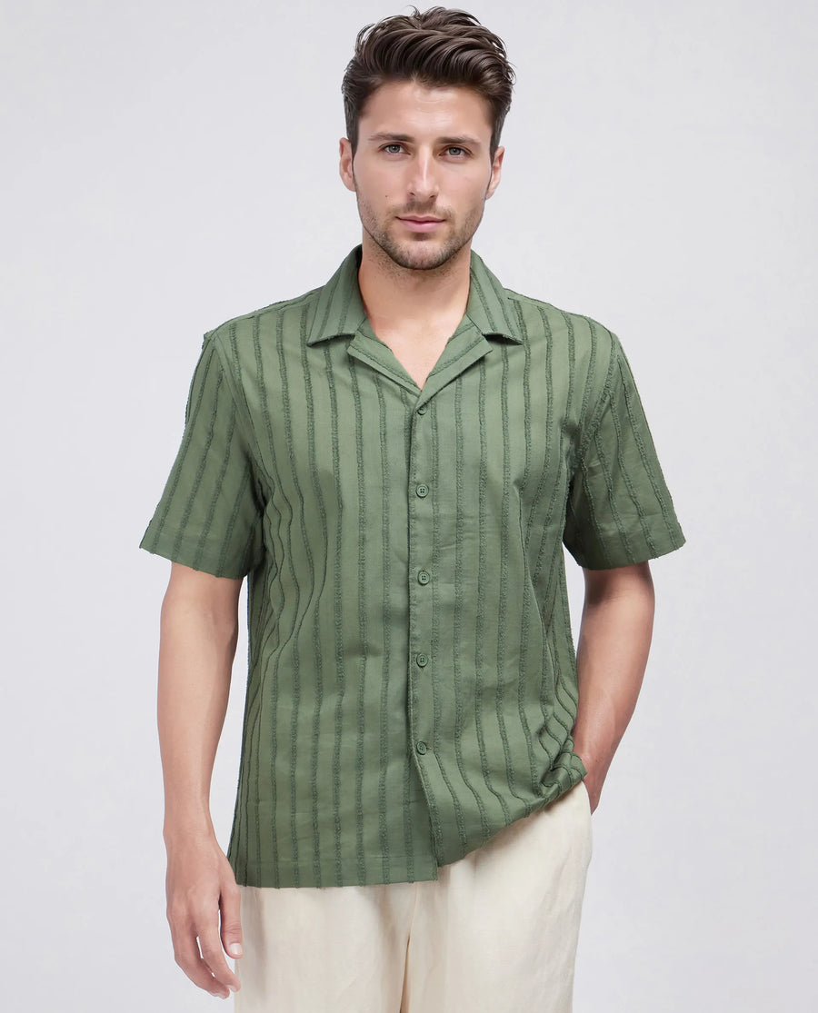 Rare Rabbit Men's Cuen Dark Green Cotton Striped Print Boxy Fit Half Sleeve Cuban Collar Shirt