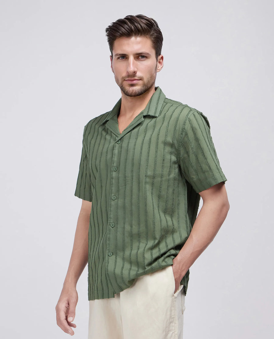 Rare Rabbit Men's Cuen Dark Green Cotton Striped Print Boxy Fit Half Sleeve Cuban Collar Shirt