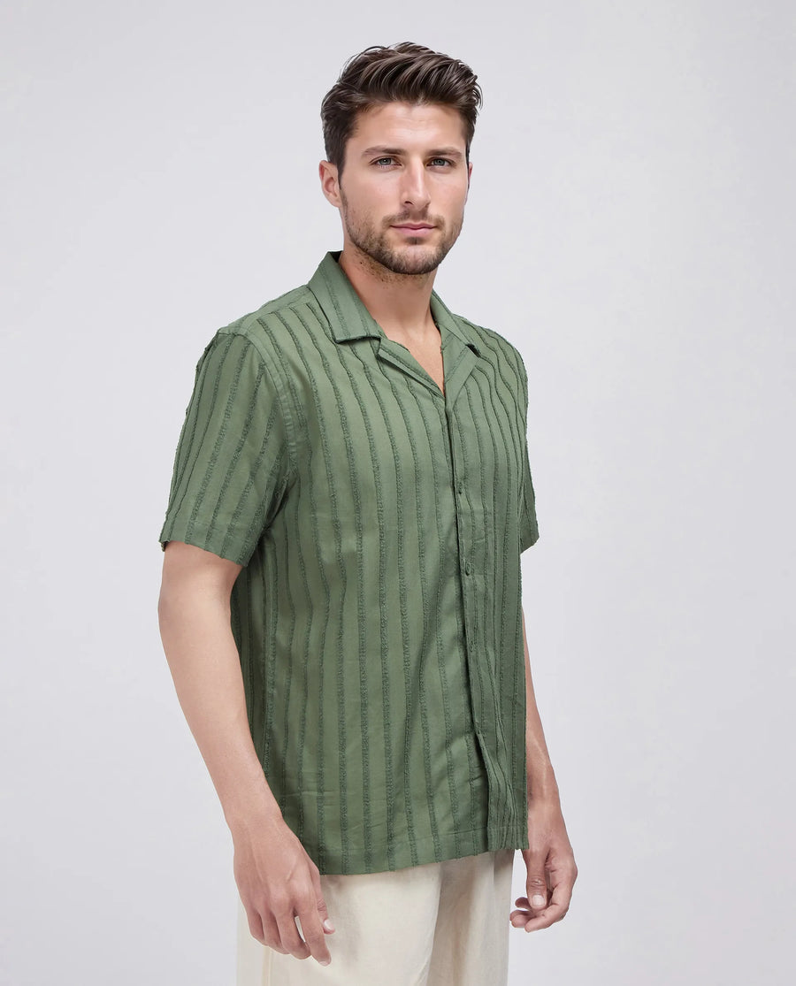 Rare Rabbit Men's Cuen Dark Green Cotton Striped Print Boxy Fit Half Sleeve Cuban Collar Shirt