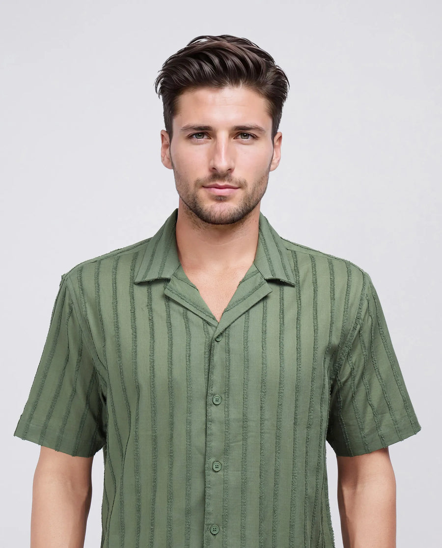 Rare Rabbit Men's Cuen Dark Green Cotton Striped Print Boxy Fit Half Sleeve Cuban Collar Shirt