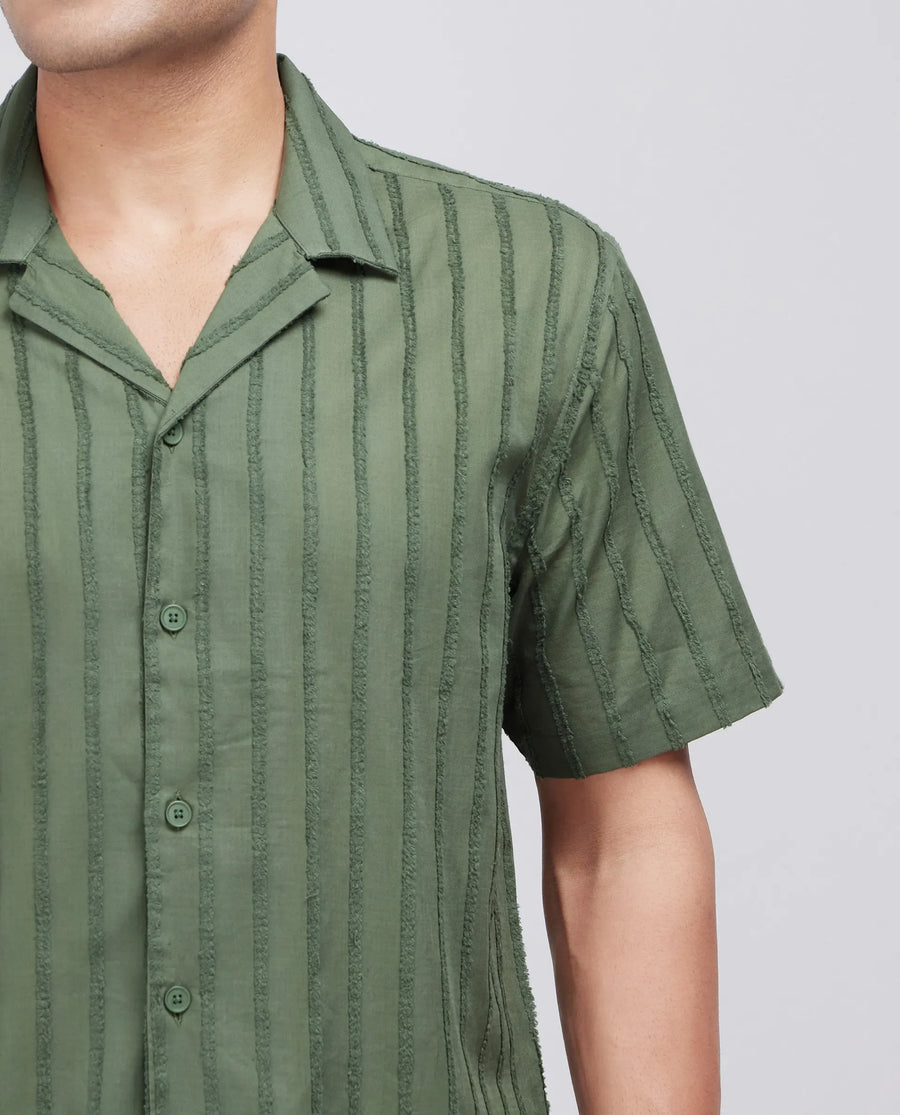 Rare Rabbit Men's Cuen Dark Green Cotton Striped Print Boxy Fit Half Sleeve Cuban Collar Shirt