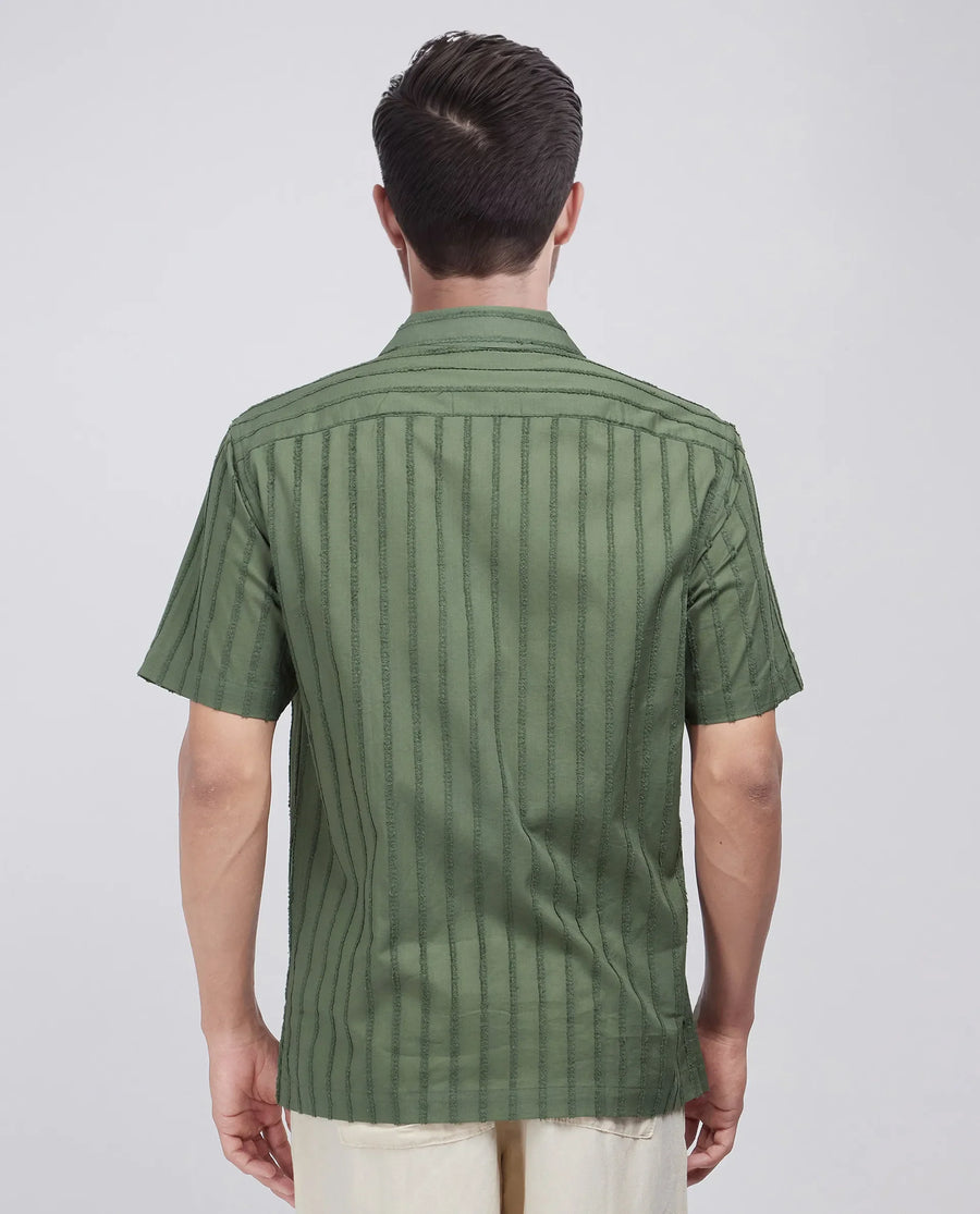 Rare Rabbit Men's Cuen Dark Green Cotton Striped Print Boxy Fit Half Sleeve Cuban Collar Shirt