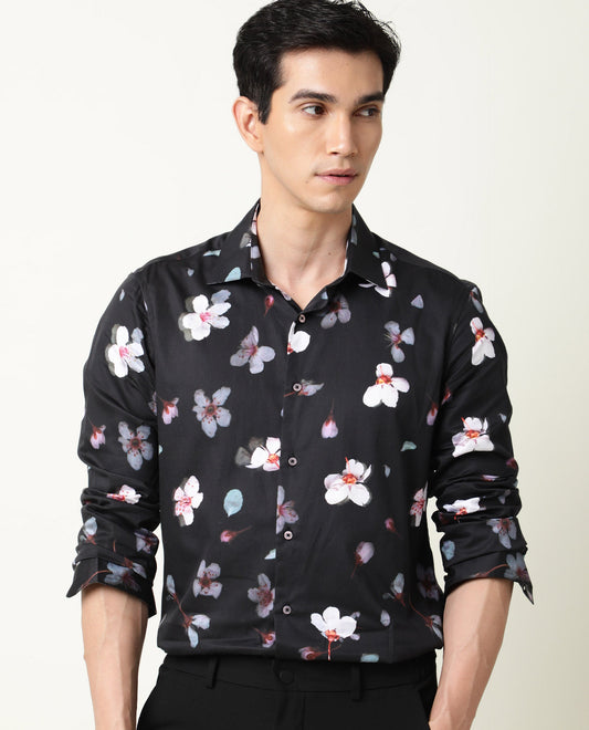 Rare Rabbit Men's Cuplet Black Cotton Floral Print Regular Fit Full Sleeve Collared Shirt