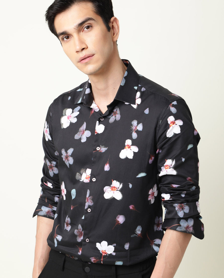 Rare Rabbit Men's Cuplet Black Cotton Floral Print Regular Fit Full Sleeve Collared Shirt