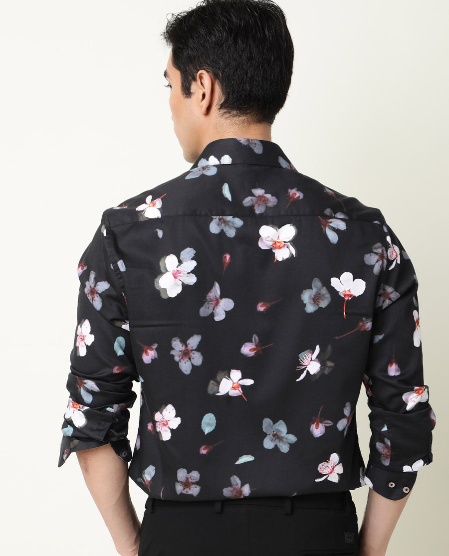 Rare Rabbit Men's Cuplet Black Cotton Floral Print Regular Fit Full Sleeve Collared Shirt