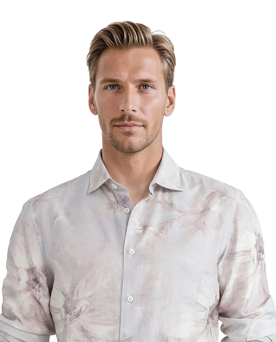 Rare Rabbit Men's Curas Pastel Blue Viscose Blend Floral Print Regular Fit Full Sleeve Collared Shirt