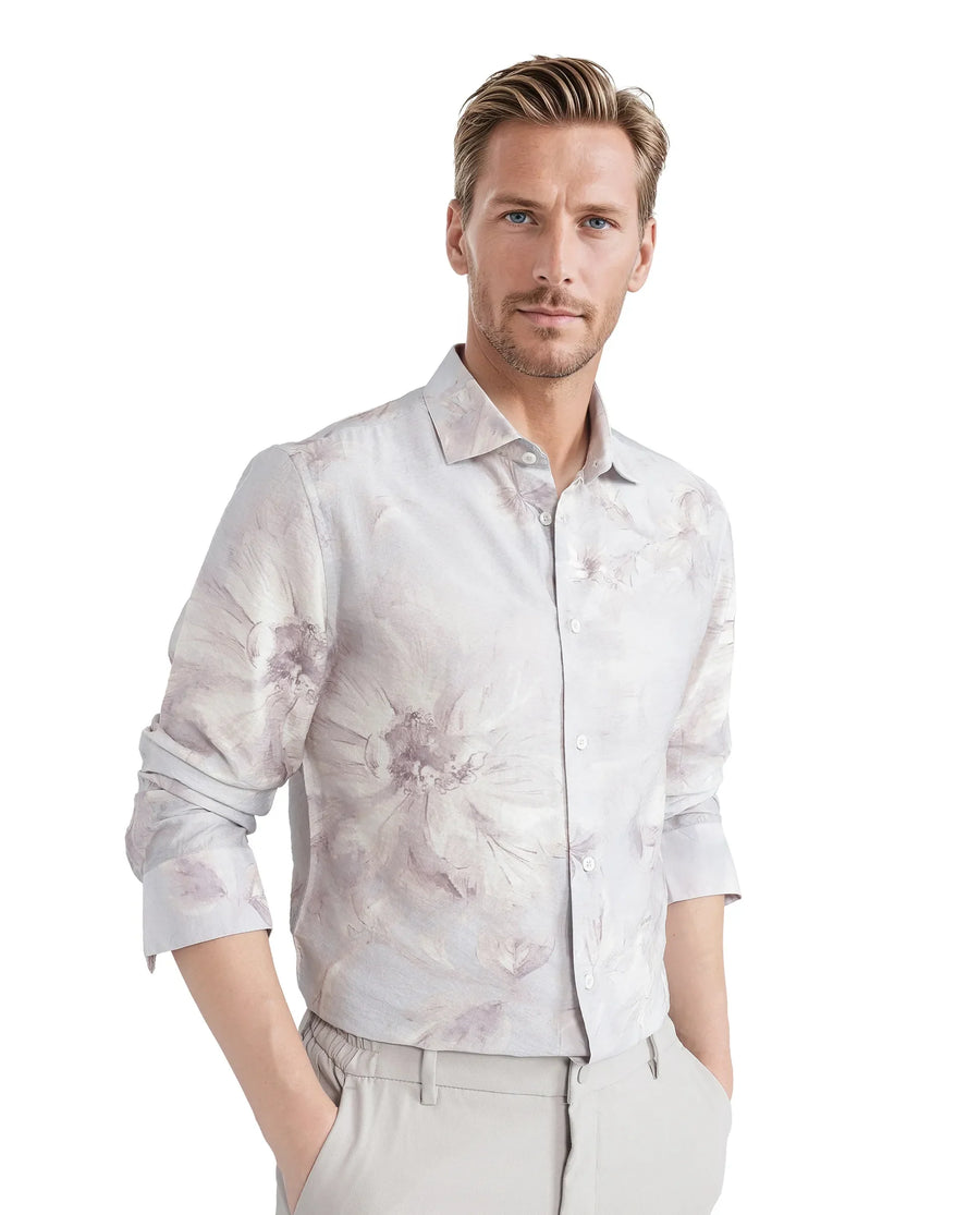 Rare Rabbit Men's Curas Pastel Blue Viscose Blend Floral Print Regular Fit Full Sleeve Collared Shirt