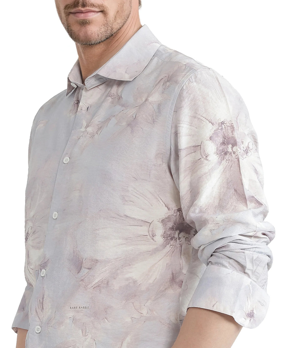 Rare Rabbit Men's Curas Pastel Blue Viscose Blend Floral Print Regular Fit Full Sleeve Collared Shirt