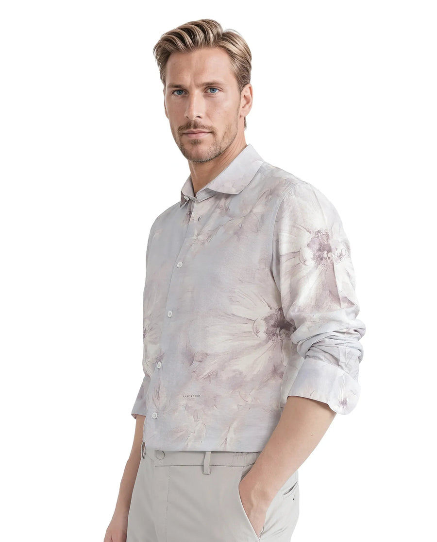 Rare Rabbit Men's Curas Pastel Blue Viscose Blend Floral Print Regular Fit Full Sleeve Collared Shirt