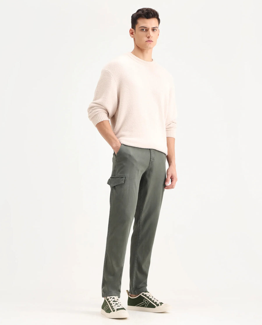 Rare Rabbit Men's Curex Dusky Olive Cotton Blend Plain Regular Fit Trouser