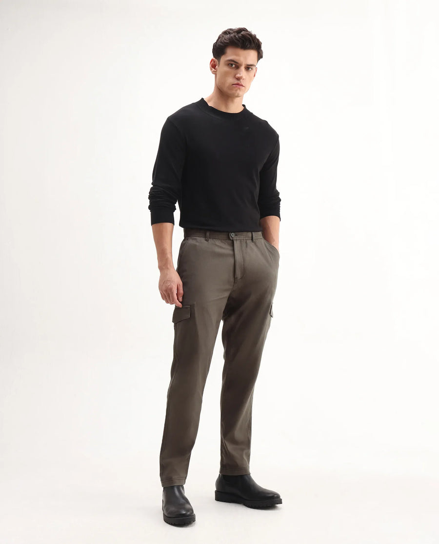 Rare Rabbit Men's Curex-1 Olive Cotton Blend Plain Regular Fit Trouser