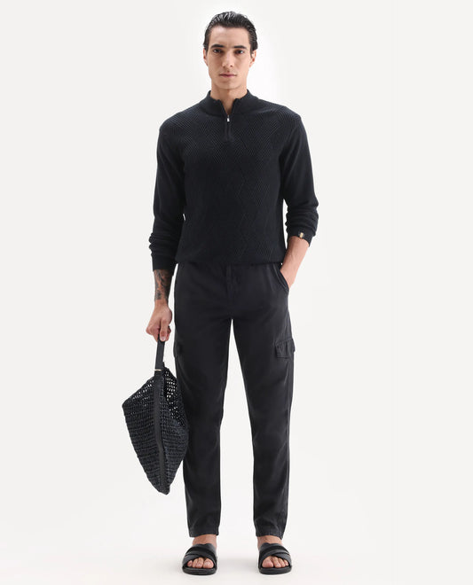 Rare Rabbit Men's Curon Black Cotton Plain Regular Fit Trouser