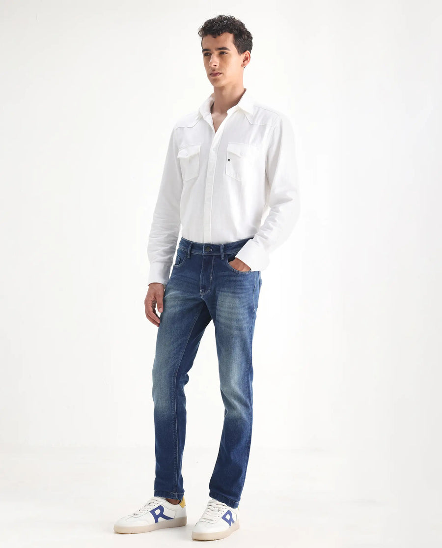 Rare Rabbit Men's Cyr Light Blue Cotton Plain Hawk Slim Fit Jeans
