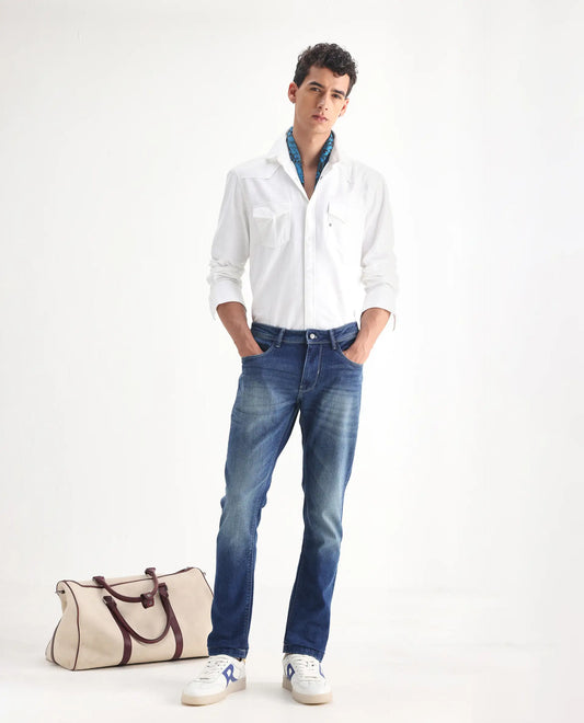 Rare Rabbit Men's Cyr Light Blue Cotton Plain Hawk Slim Fit Jeans