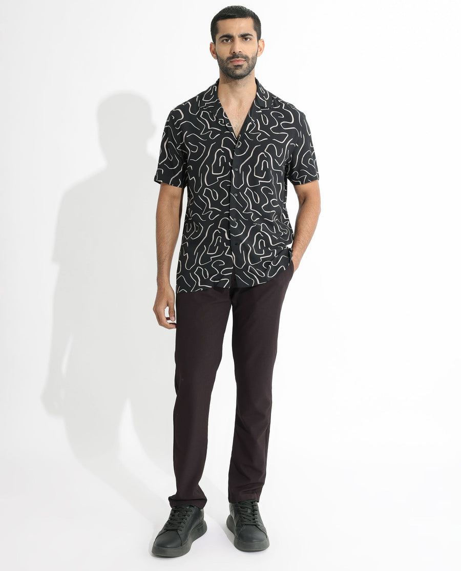 Rare Rabbit Men's Castro Black Viscose Abstract Print Regular Fit Half Sleeve Cuban Collar Shirt