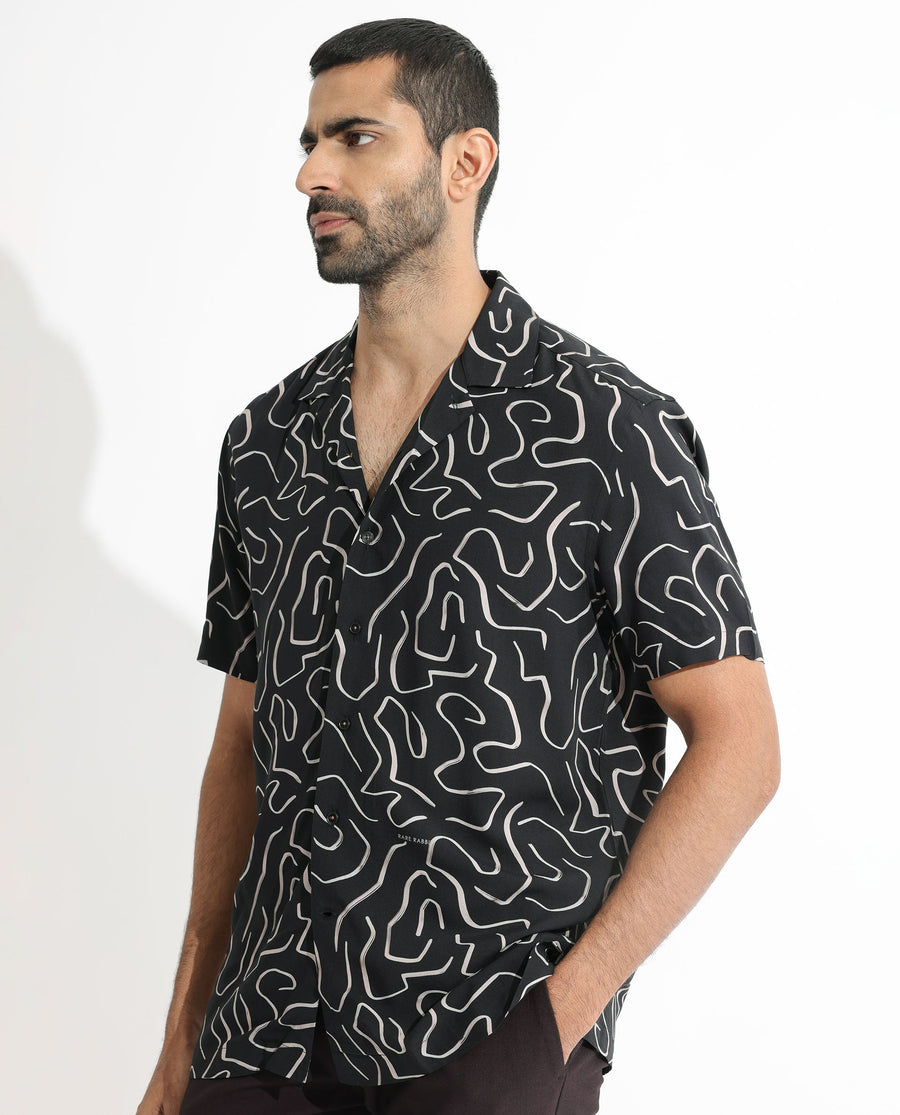 Rare Rabbit Men's Castro Black Viscose Abstract Print Regular Fit Half Sleeve Cuban Collar Shirt