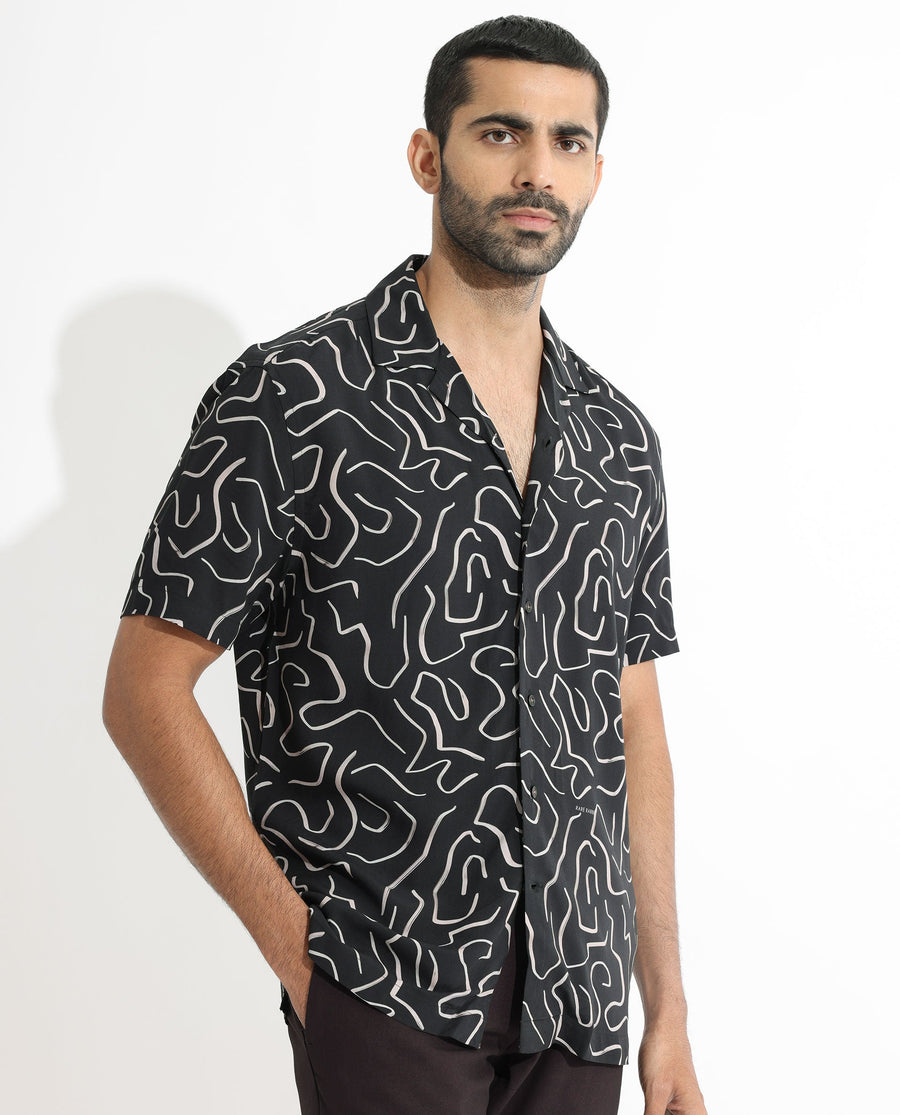 Rare Rabbit Men's Castro Black Viscose Abstract Print Regular Fit Half Sleeve Cuban Collar Shirt