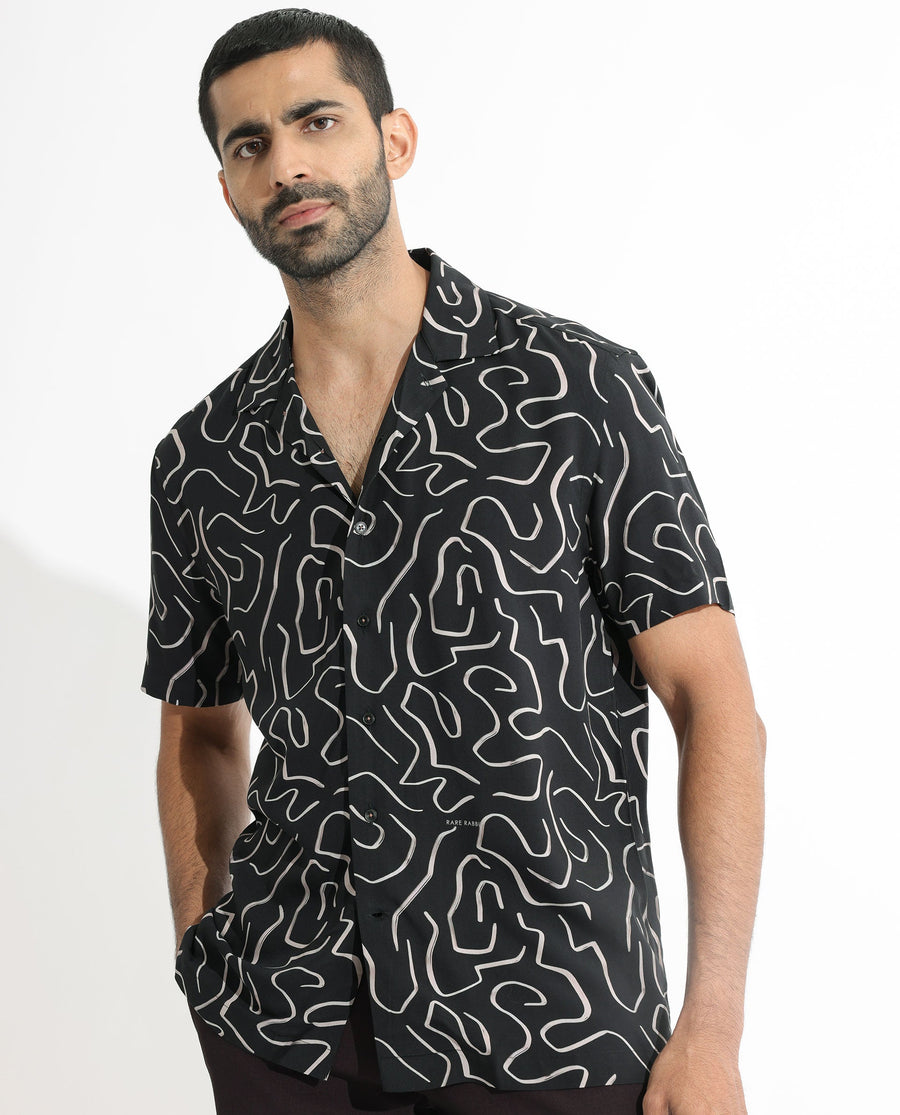 Rare Rabbit Men's Castro Black Viscose Abstract Print Regular Fit Half Sleeve Cuban Collar Shirt