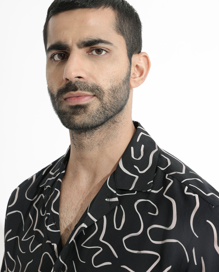Rare Rabbit Men's Castro Black Viscose Abstract Print Regular Fit Half Sleeve Cuban Collar Shirt